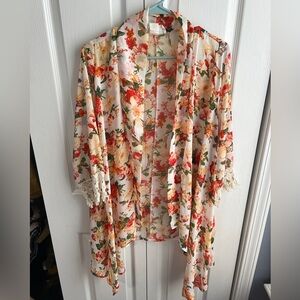Merritt Clothing Label Floral Open Front Kimono Lace Cuffs Women's OS Beach Boho